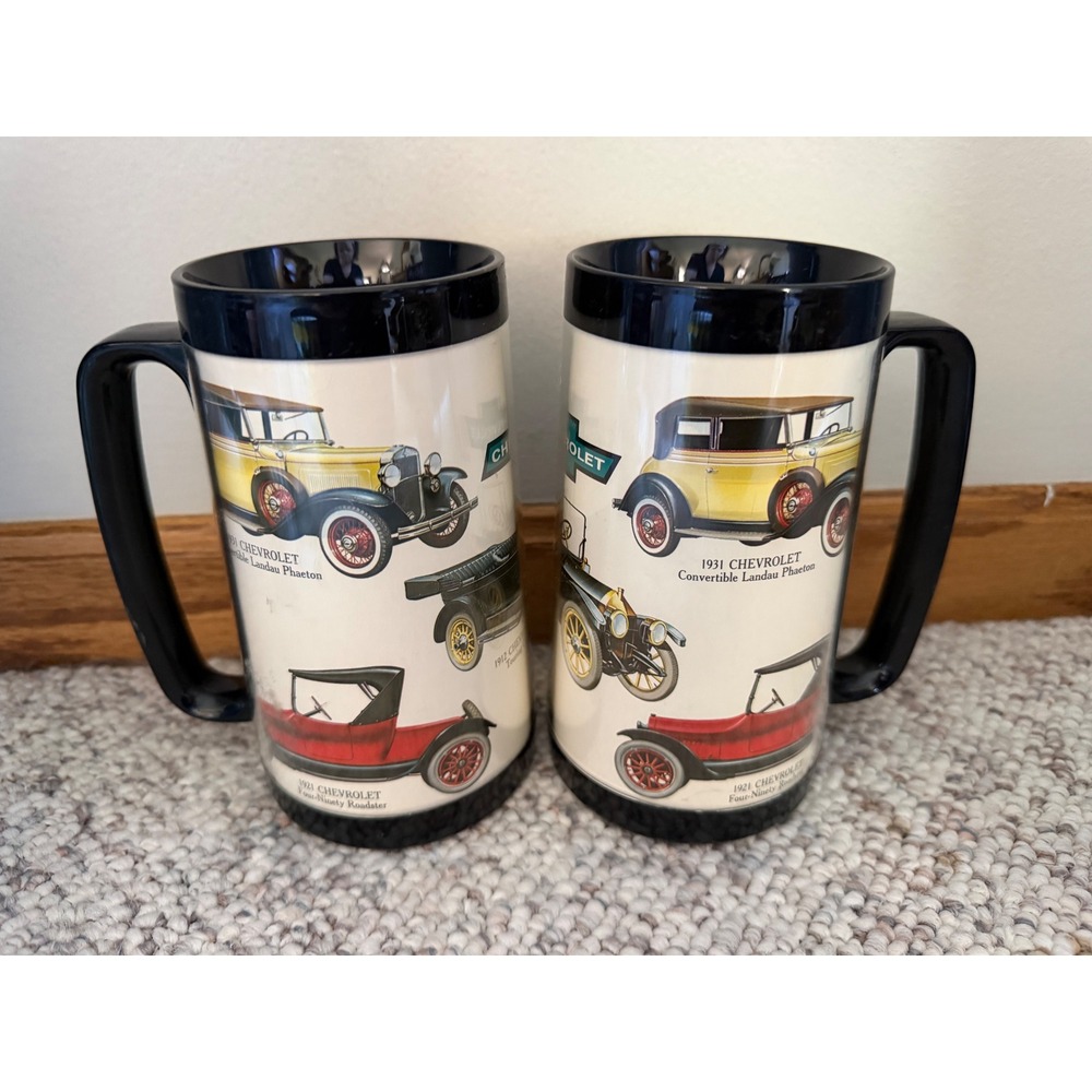Vintage Chevrolet Thermo-Serv Insulated Mugs Set of 2 Classic Car Graphic Black